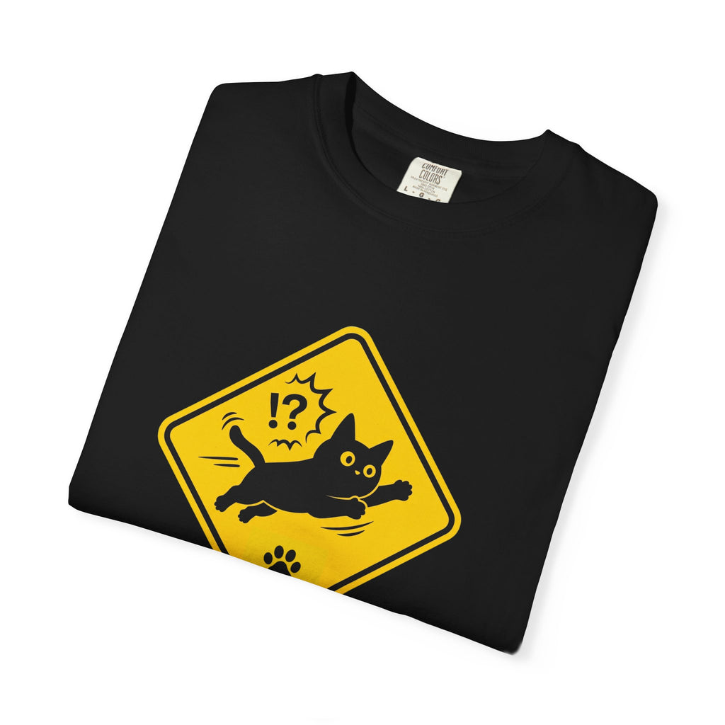 Cat Crossing Warning T-Shirt — Cute Black Cat Paw Sign Tee