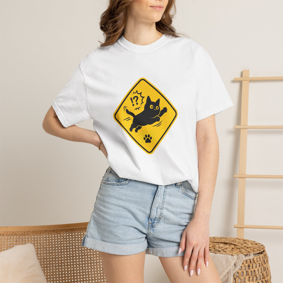 Cat Crossing Warning T-Shirt — Cute Black Cat Paw Sign Tee