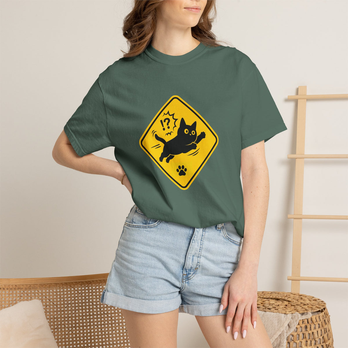 Cat Crossing Warning T-Shirt — Cute Black Cat Paw Sign Tee