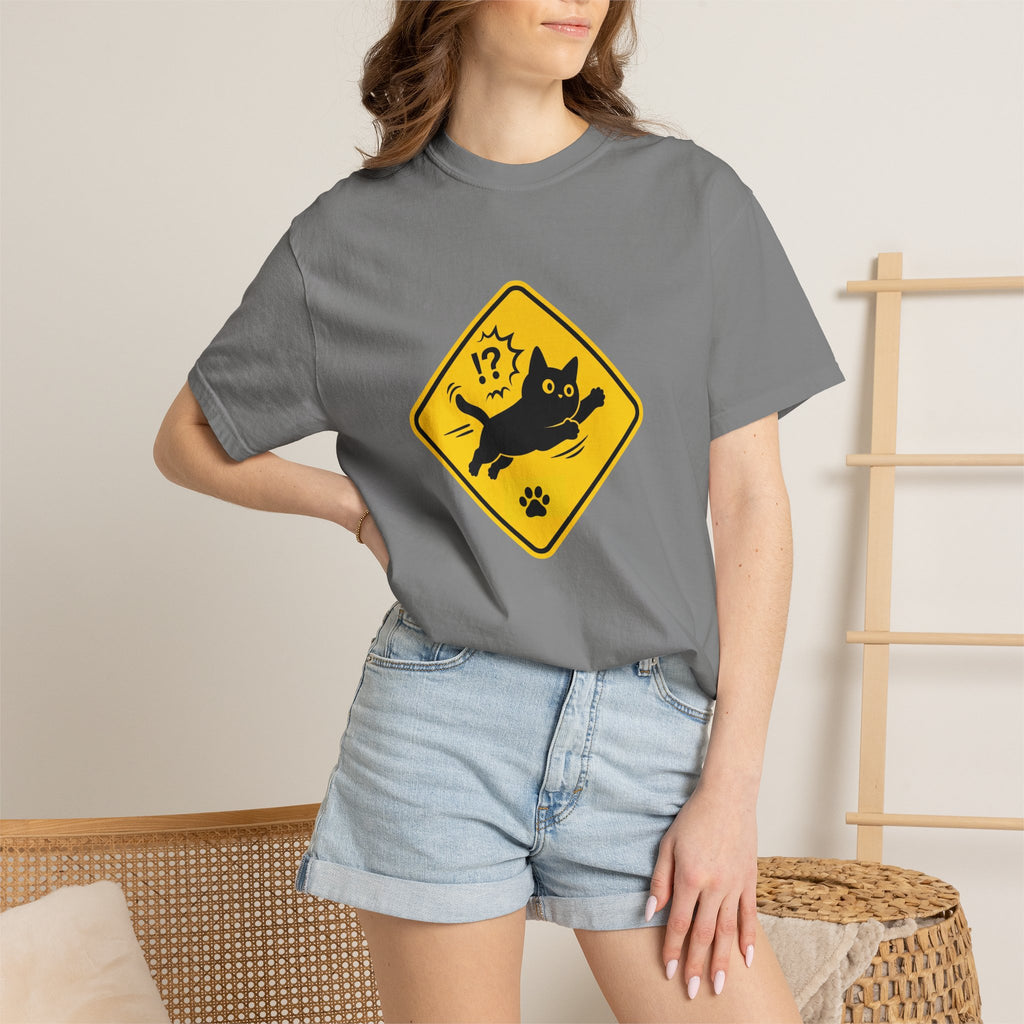 Cat Crossing Warning T-Shirt — Cute Black Cat Paw Sign Tee