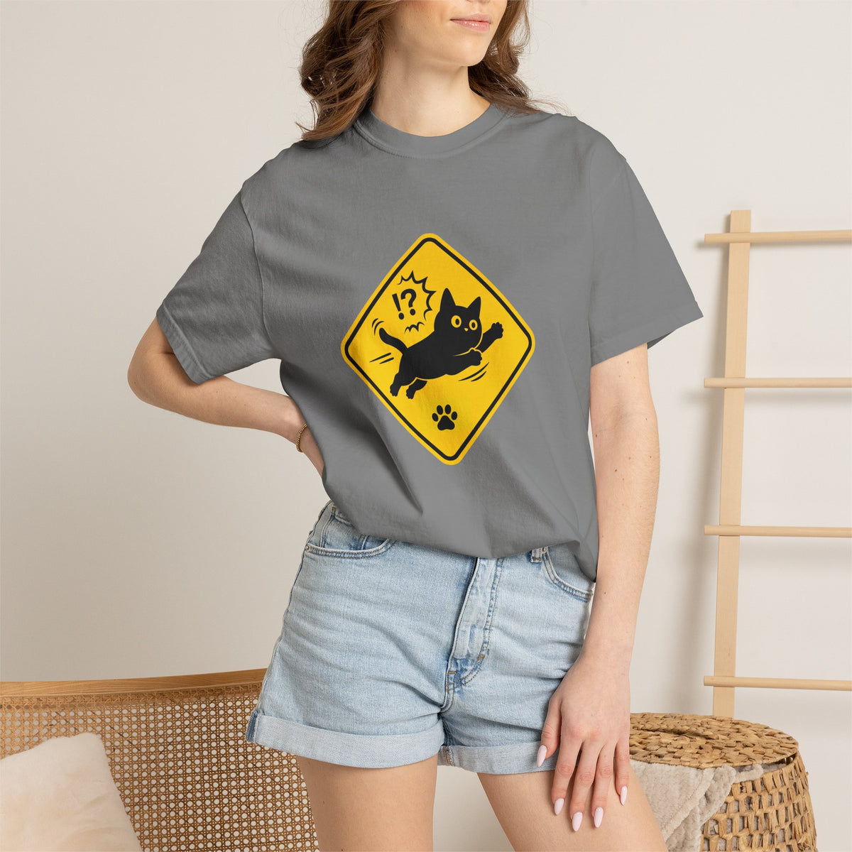 Cat Crossing Warning T-Shirt — Cute Black Cat Paw Sign Tee
