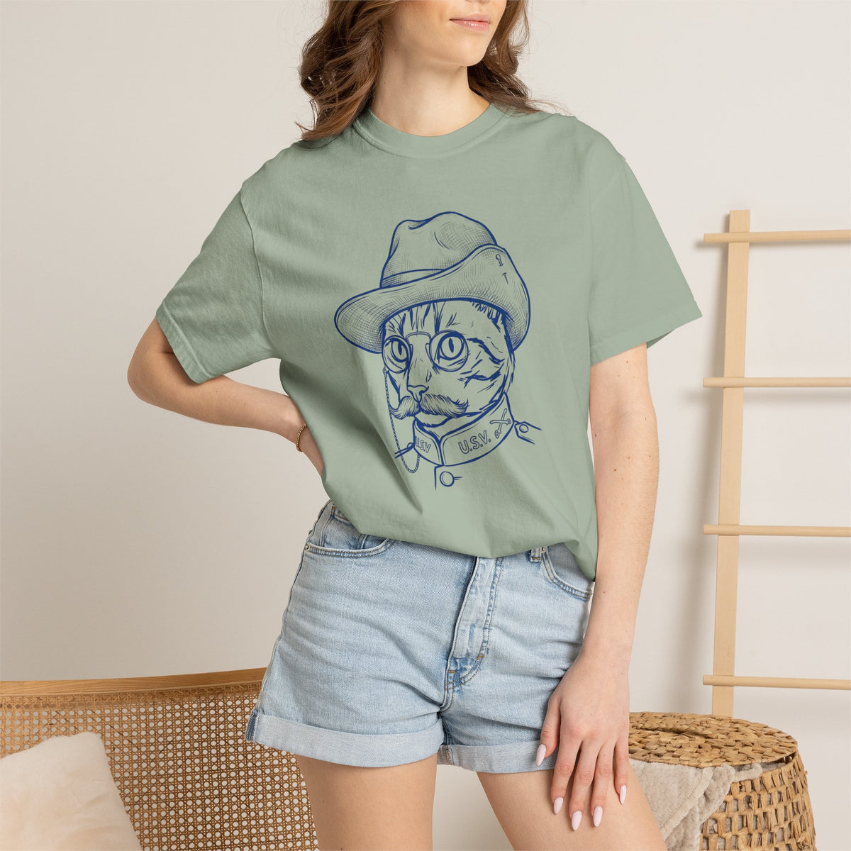 Teddy the Cat T-Shirt — Vintage Line Art Cat as Teddy Roosevelt