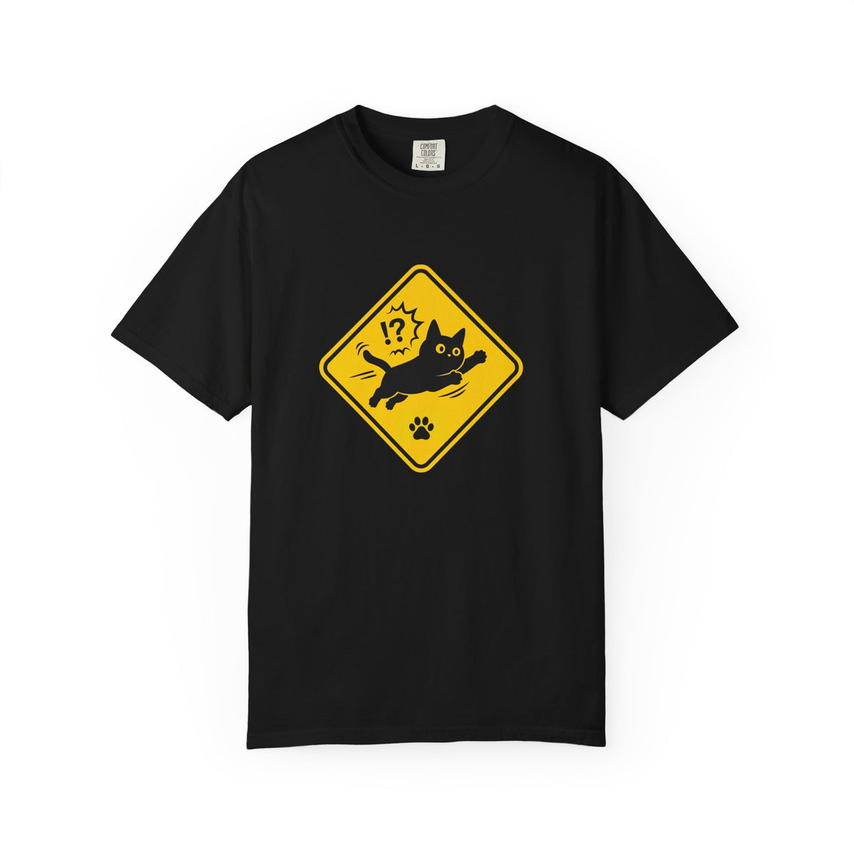 Cat Crossing Warning T-Shirt — Cute Black Cat Paw Sign Tee
