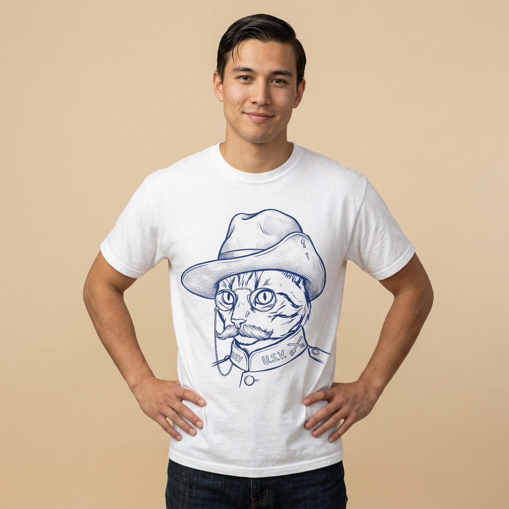 Teddy the Cat T-Shirt — Vintage Line Art Cat as Teddy Roosevelt