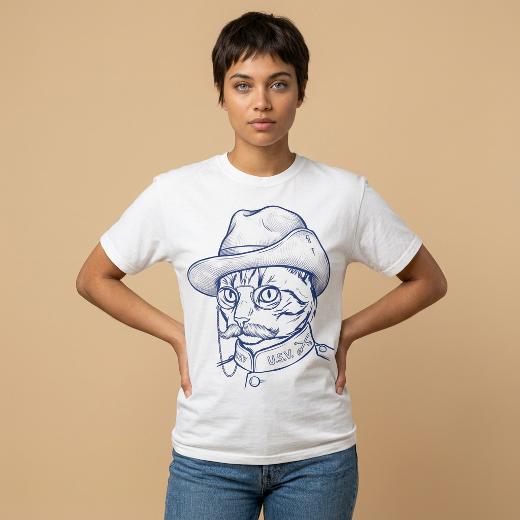 Teddy the Cat T-Shirt — Vintage Line Art Cat as Teddy Roosevelt