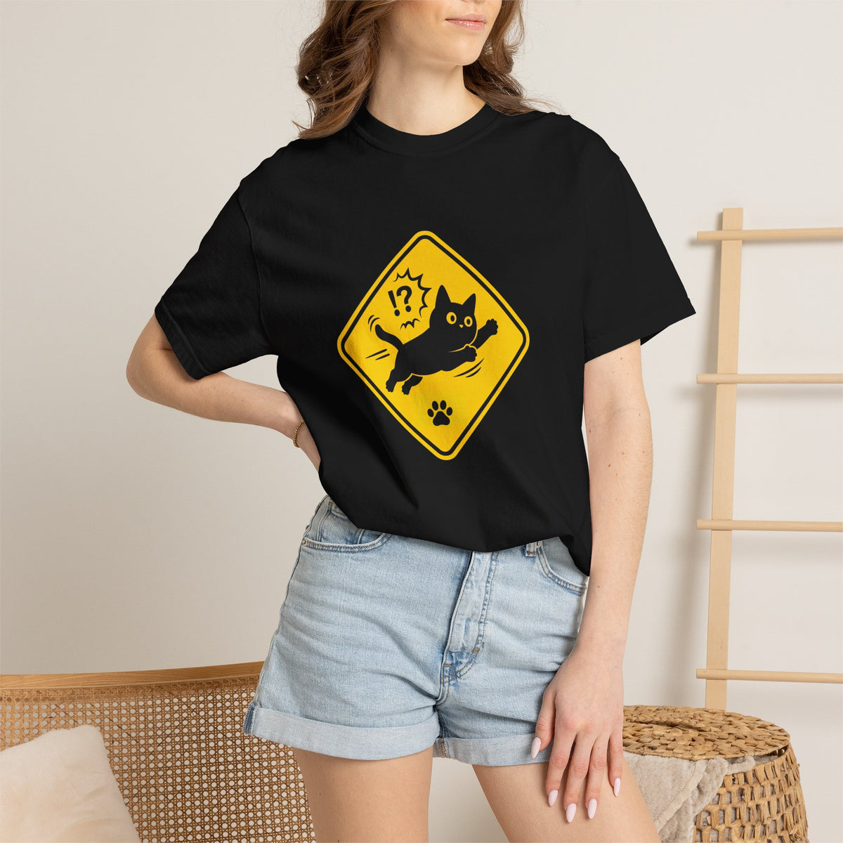 Cat Crossing Warning T-Shirt — Cute Black Cat Paw Sign Tee