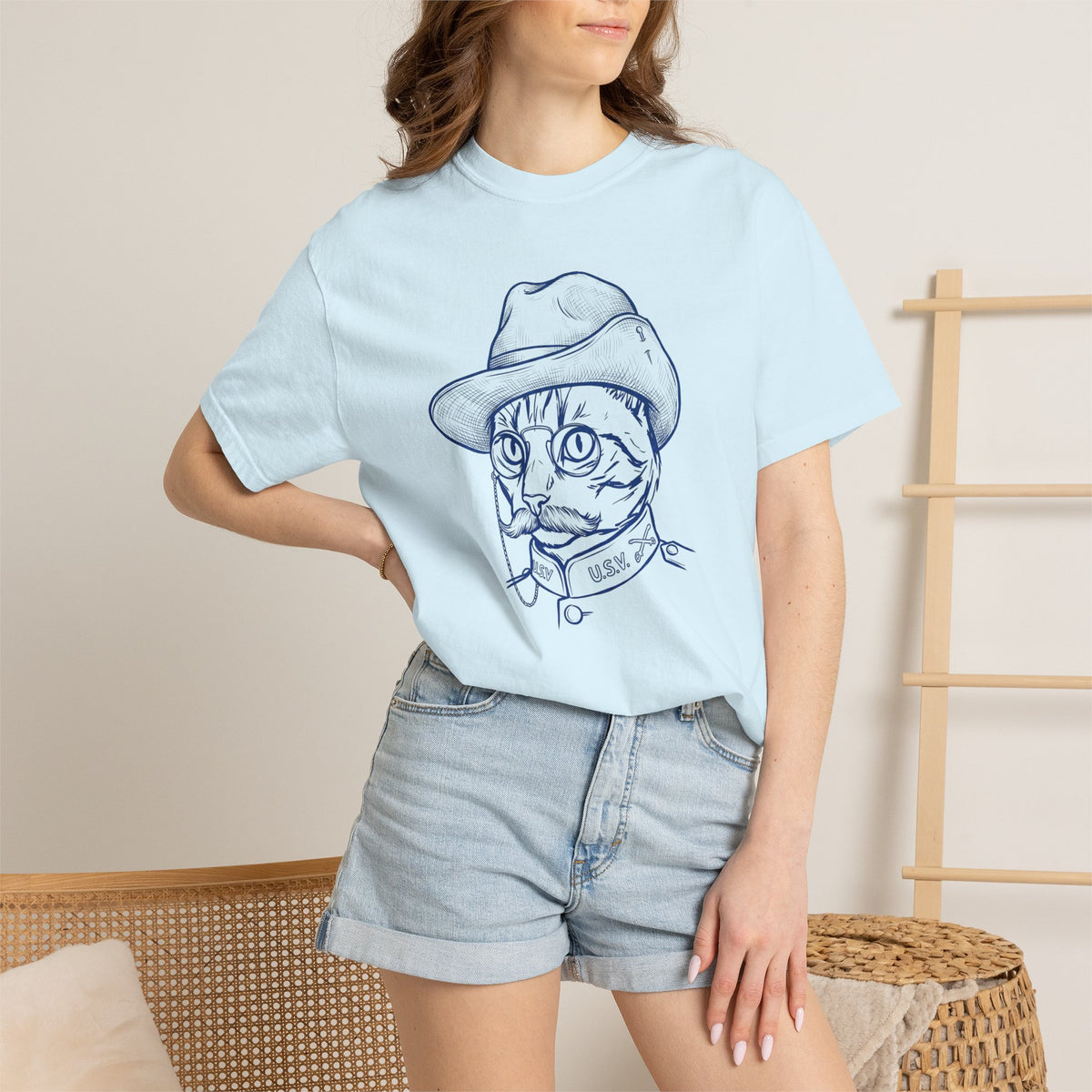 Teddy the Cat T-Shirt — Vintage Line Art Cat as Teddy Roosevelt